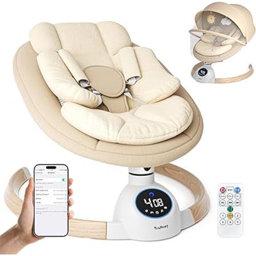 Electric Baby Swing with 5-Speed Motion & Vibration, Bluetooth Music, Remote Control, 10 Preset Melodies, Portable Baby Rocker for Newborns, Max 20 Lbs, 0-6 Months, Aluminum Frame
