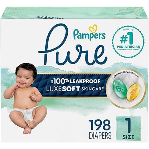 Pampers Pure Protection Baby Diapers, Size 1 (8-14 lbs), 198 Count, Up to 100% Leakproof, Premium Plant-Based Skin Protection, Hypoallergenic Soft Diapers