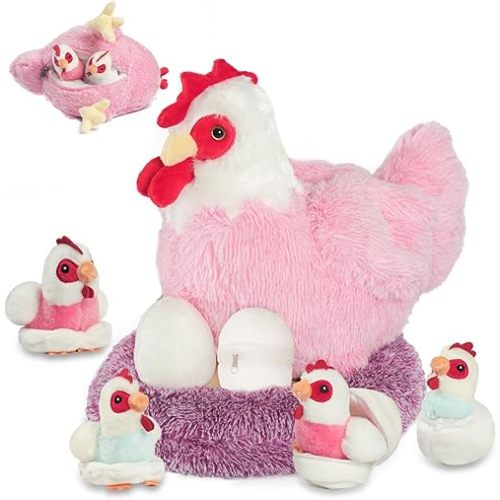 9 in 1 Chicken Stuffed Animal Set, Stuffed Chicken Plush Toys Zippered Egg Laying Hen with Baby Chicks Plush Chickens, Eggs and Coop for Kids Girls Boys Birthday Valentines Plush Gifts Decor