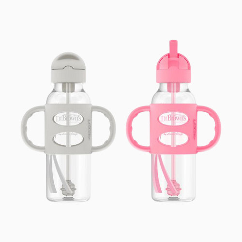 Dr. Brown's Narrow SIPPY STRAW Bottle 3/Silicone Handles - Gray & Pink, 8 Oz, 2