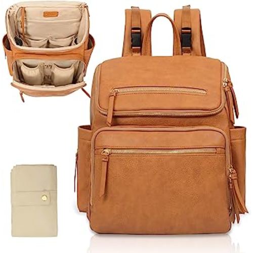 Diaper Bag Backpack Large Baby Diaper Bag Leather with 17 Diaper Bag Organizing Pouches,Changing Pad,Stroller Straps,4 Insulated Pockets,Honey