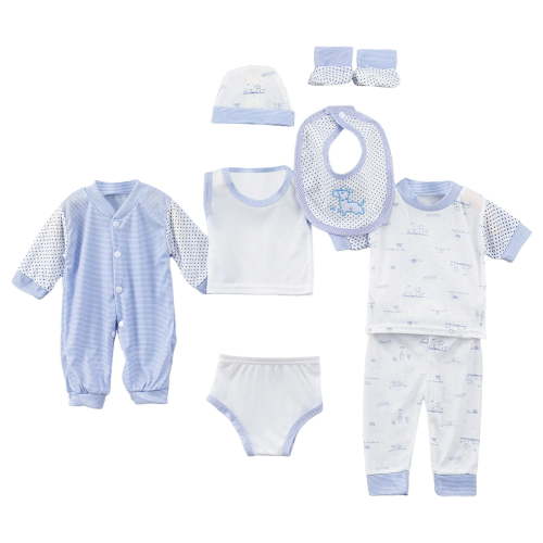 Caqnni Baby Clothing Set 8pcs Baby Boy Girl Boy Tops+Hat+Pants +Bib+Sock Shose+Romper Outfits Set to 0-3 Months Layette Gift Set Shower Gift Set (A06-Blue)