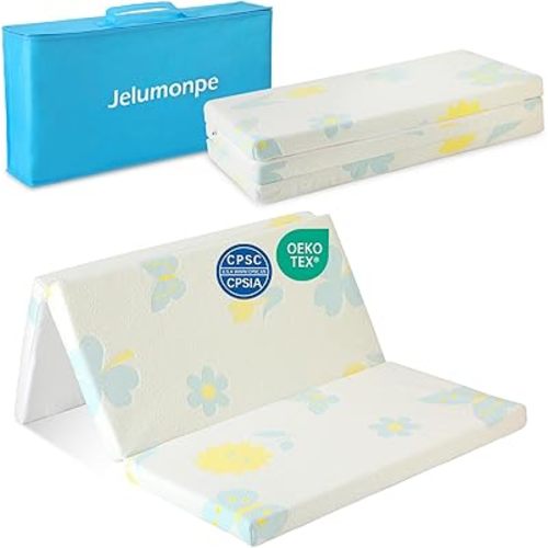 Pack and Play Mattress 38"x26"x1.5",Trifold Portable Pack n Play Mattresses with Carry Bag，Waterproof Playpen Crib Mattress with Soft Breathable and Washable Cover for Baby Toddler/Flower