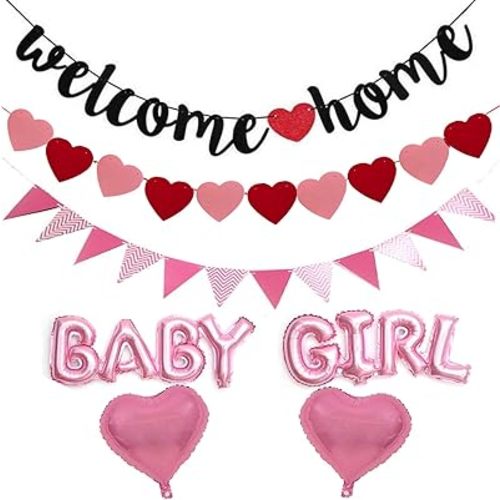 Welcome Home Banner Welcome Baby Girl Home Balloon Banner with Heart Banner for Newborn Baby Baby Shower Home Family Party Decorations Welcome Baby Girtl Home Banner Decorations