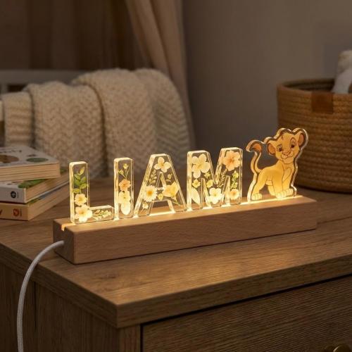 Personalized Simba Name Night Light, Lion King Acrylic Lamp, Custom Floral Name Light, Disney Kids Room Light Decor, Baby Nursery Gift