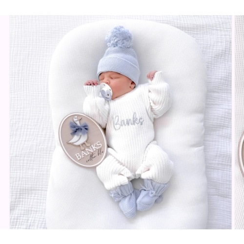 White chunky knit personalised announcement romper