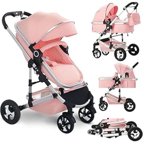 Convertible Baby Stroller, 3 in 1 Folding Infant Stroller, High Landscape Pushchair w/Adjustable Backrest & Canopy, Newborn Pram with Foot Cover, Storage Basket, Pink