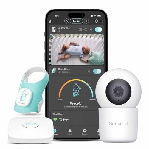 Sense-U Smart Sock Shoe Baby Monitor & 2.5K PTZ Camera - Track Heart Rate, Sleep Movement with Pan-Tilt-Zoom Video, Cry Detection, Audio