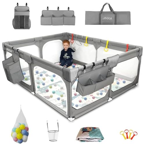 Baby Playpen with Mat 79"*70", Extra Large Playpen for Babies and Toddlers with Storage Bag, BPA-Free, Non-Toxic, Safe No Gaps Playards for Babies, Sturdy Safety Play Yard for Indoor Outdoor Fun, Grey