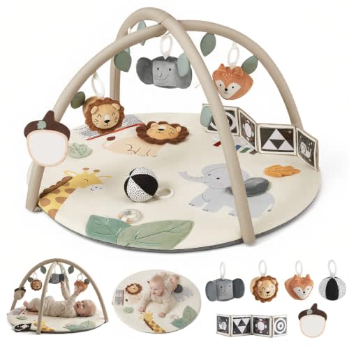 Blissful Diary Baby Play Gym, Baby Activity Mat Playmat, Tummy Time Mat | Safari Animals Sensory Play Mat, 7 Interactive Toys, Stage-Based Development, Washable Playmat, Baby Essentials Shower Gift