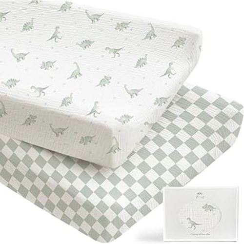 Konssy 2 Pack Muslin Changing Pad Covers for Boys, Ultra Soft & Breathable Cotton Baby Diaper Changing Table Covers, Neutral Nursery Diaper Changing Pad Sheets (Green Dino,Baby Green Plaid)