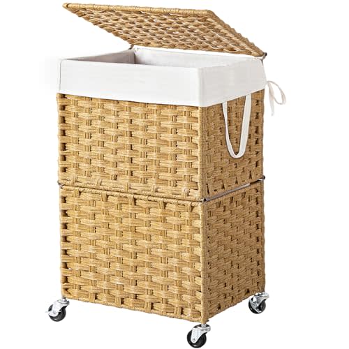 Chrislley Wicker Laundry Basket with Wheels,Rolling Laundry Hamper with Lid | 90L Slim Clothes Hamper with Wheels & Removable Liner Bag, Handwoven Rattan Laundry Organizer for Bedroom, Bathroom, Yellow