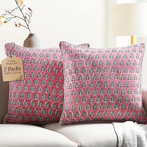 CPC 100% Cotton Throw Pillow Covers 18x18 Inch, Set of 2 Green Block Print Pattern Couch Pillow, Cute Boho Decorative Pillows for Living Room, Bedroom with Hidden Zipper- Poppy Pink