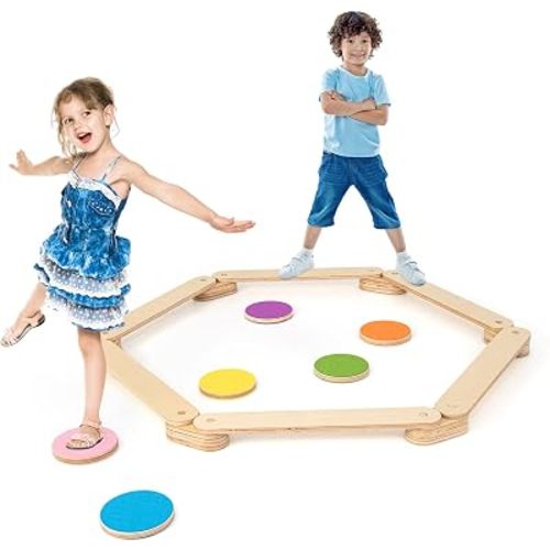 HONEY JOY Wooden Balance Beam Stepping Stones, Montessori Obstacle Course for Kids, Toddler Gymnastics Beam for Playroom, Indoor Outdoor Balance Board for Coordination, Gross Motor Skills, Natural