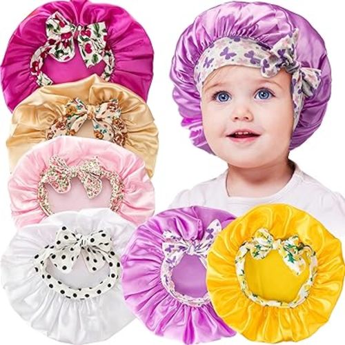 JaGely 6 Pcs Kids Bonnets for Girls Toddler Kids Sleeping Cap Elastic Bow Tie Satin Hair Bonnet for Toddler(Cute) Multicolor