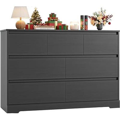 FACBOTALL Dresser for Bedroom, Modern Black Dresser, Wood Chest of Drawers Nursery Dressers, with Storage, 7 Drawer Double with Handle Free, Large Storage Organizer for Living Room,Black