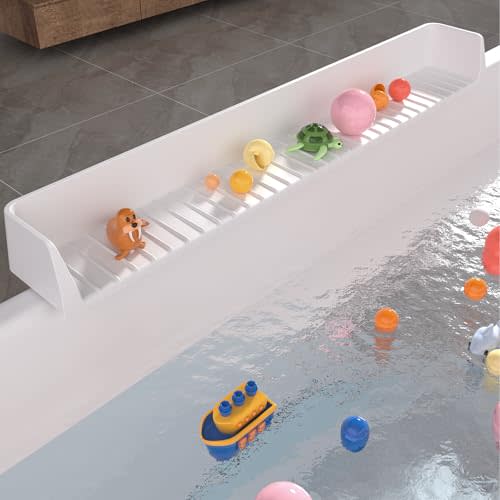 Tub Splash Guard for Kids,Bathtub Water Guard Play Shelf for Bathing, Toy Tray Caddy Holder for Tub, Silicone Splash Guard for Bathtub Prevent Water Spills in Bathroom (2.6FT, White)