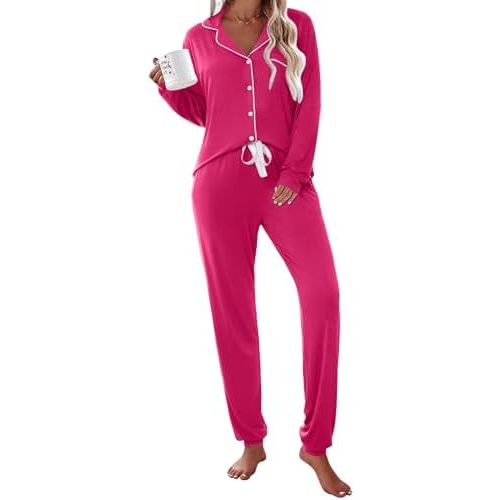 Ekouaer Pajamas Set Long Sleeve Sleepwear Womens Button Down Nightwear Soft Pj Loungewear with Pockets