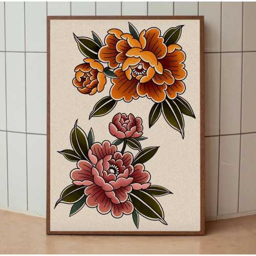 Traditional Tattoo Style Peony Illustration