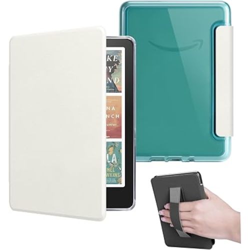 Case for All-New 7" Kindle Paperwhite 12th Gen 2024 and Kindle Colorsoft Signature Edition, Light PU Leather Cover and Transparent Hard Back with Hand Strap, Auto Sleep/Wake, Creamy White