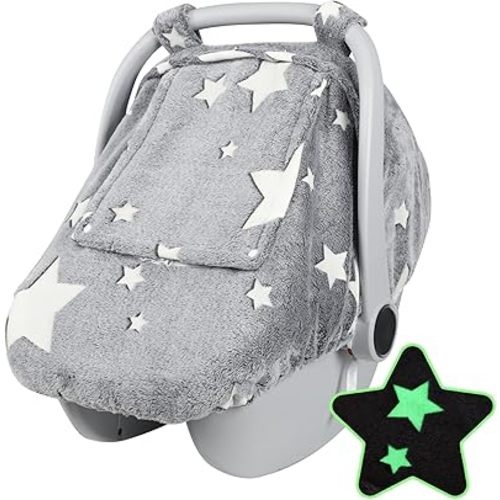 Car Seat Cover Baby Boys Girls, Soft Flannel Infant Carseat Cover with 2 Zipper Windows, Star Carrier Cover Canopy Glow in The Dark, Comfortable & Machine Washable, Gray