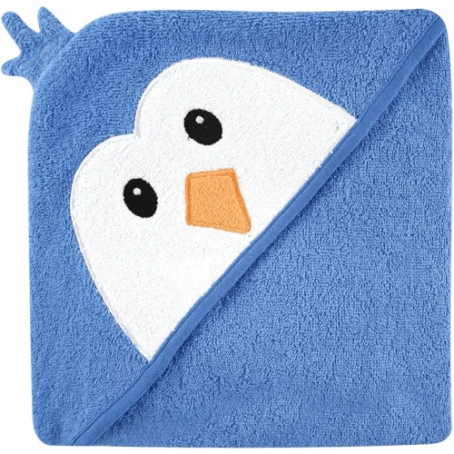 Luvable Friends Unisex Baby Cotton Animal Face Hooded Towel, Blue Penguin, One Size