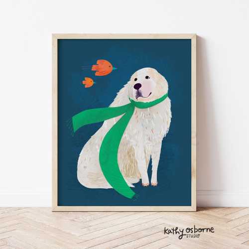 Pyrenees Scarf Art Print: Whimsical Dog Wall Decor