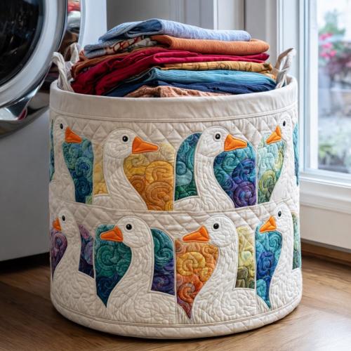 Rainbow Silly Goose Storage Bin Quilted Laundry Basket – Quilted Fabric Organizer Basket for Nursery, Laundry, or Toys