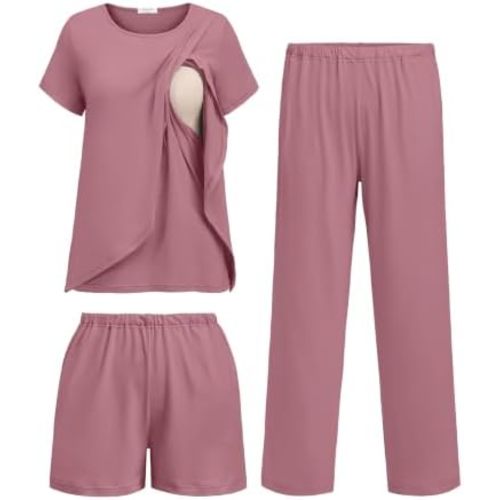 Ekouaer 3 PCS Maternity Nursing Pajamas Set Postpartum Breastfeeding PJS