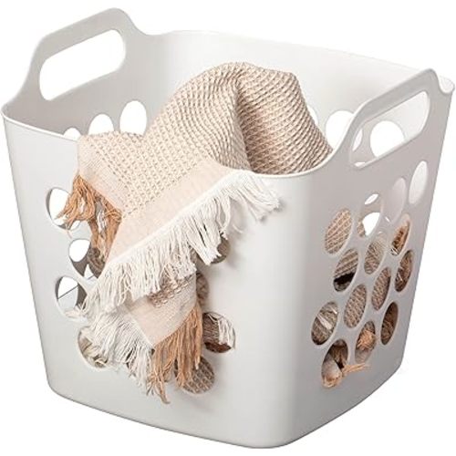 Flexible Plastic Laundry Basket - Square Storage Hamper with Side Handles for Easy Carrying - Versatile Organizer for Laundry, and Household Storage, 28 Litter White