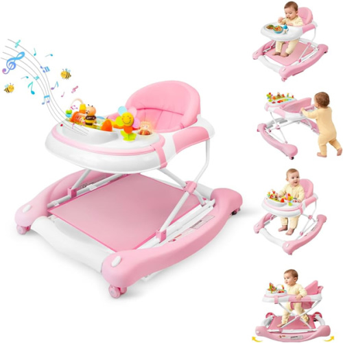 5 in 1 Baby Walker, Music and Lights Walker for Baby Boy Girls 6-12 Months, Foldable Baby Walkers with Wheels and Bouncer Combo Portable, Toddler Infant Walker with Adjustable Height