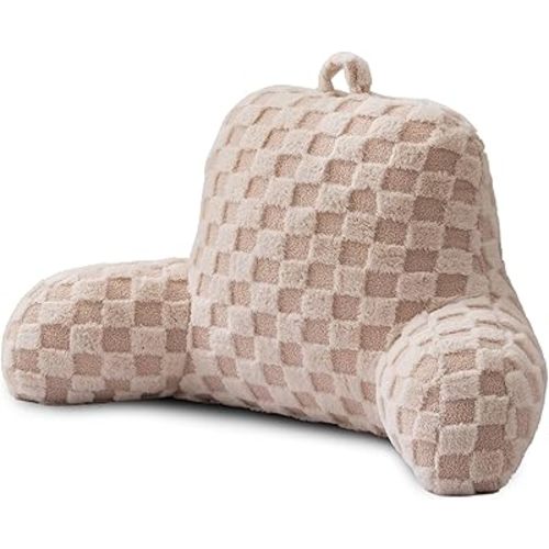 A Nice Night Faux Fur Reading Pillow,Checkered Fluffy Grid Plaid,Bed Wedge Pillow Large Adult Children Backrest with Arms for Bedrest,Beige