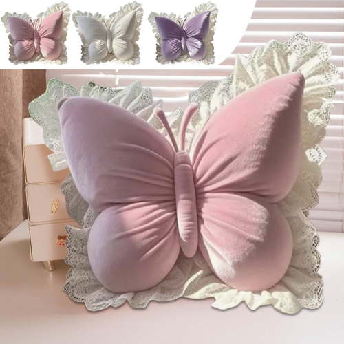 Butterfly-Shaped Velvet Throw Pillow - Cute Lace Butterfly Decorative Cushion for Sofa, Bed & Office Chair, Lumbar Support for Car Seats, Soft Plush Accent for Bedroom Decor, 21.6*21.6in, Pink