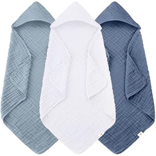 Sunny zzzZZ Muslin Hooded Baby Bath Towels - 3 Pack 100% Cotton Soft Low-Saturation Pastel Towels Including Classic White for Newborns, Infants, Toddlers - 32x32 Inch - Light Navy and White