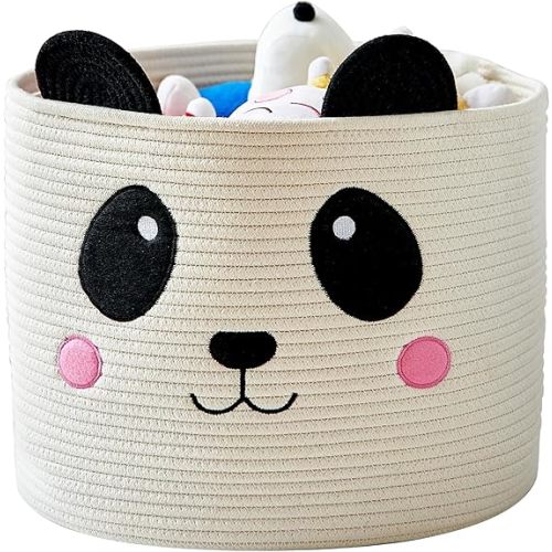 OMERAI Animal Baskets Cotton Rope Woven Storage Basket for Toys Blankets Laundry Nursery, Large Foldable Organizer with Cute Pig Design and Handles, 15"D x 12.6"H (Pink)
