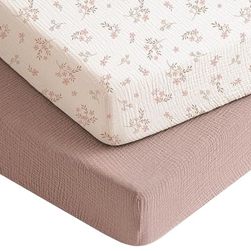 Konssy Muslin Crib Sheets for Boys, Soft Cotton Neutral Baby Sheets for Standard Crib Mattress 2 Pack, 52"x28" (Soft Blooms,Taupe)