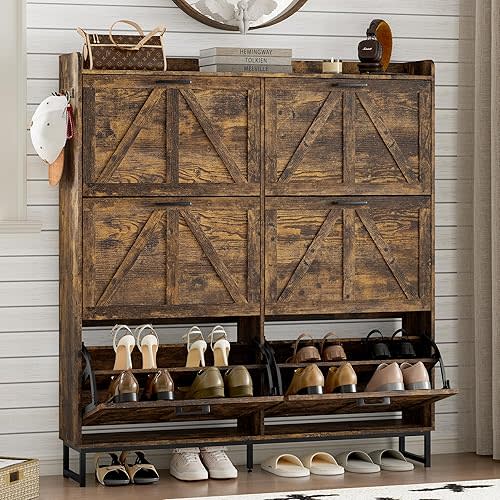 Shoe Cabinet with 6 Flip Drawers Narrow Shoe Storage Cabinet Organizer Wooden Freestanding Shoe Rack Hidden Slim Shoes Storage Cabinet for Entryway, Hallway, Living Room, Bedroom