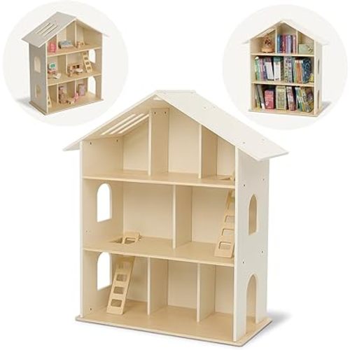 Monlurd 100% Birch Dollhouse Bookshelf for Kids, Dollhouse Bookcase, Wooden Dollhouse Furniture, Miniature Bookshelf