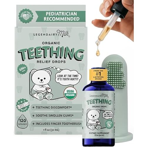 Legendairy Milk Organic Baby Teething Relief Drops with Silicone Toothbrush, Gum Relief for Babies & Toddlers 6 M+, Soothing Chamomile Clove Blend, Teething Gel Alternative, Sugar Free, 120 Servings