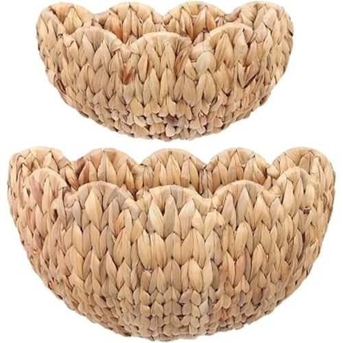 Scalloped Wall Basket，2pcs Hand Woven Hanging Wall Baskets, Wicker Wall Basket Storage，Rattan Hanging Baskets Decor for Home Bathroom Living Room Nursery-16 * 12 * 7&14 * 8 * 6in (Water Hyacinth)