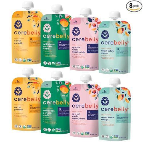 Cerebelly Organic Baby Food Pouches Variety Pack – Organic Veggie Purees for Toddlers | No Added Sugar, Fiber, Non-GMO | Blended Toddler Pouches | 4 Ounce BPA-Free Pouch | 4 Flavors | 8 Count
