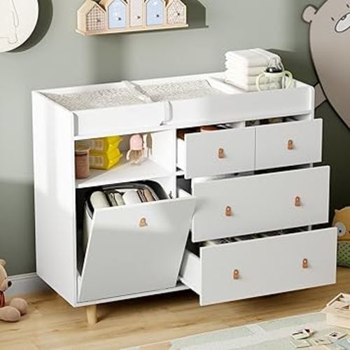 Baby Changing Table Dresser with 5 Drawers, Baby Nursery Dresser with Tilt Out Laundry Basket, Infant Changing Station Organizer for Nursery and Bedroom, White (45" W x 18" D x 37" H)
