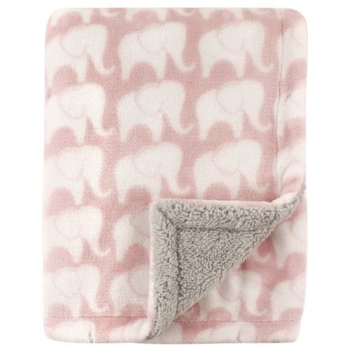 Hudson Baby Infant Girl Plush Blanket with Faux Shearling Back, Pink Elephant, One Size