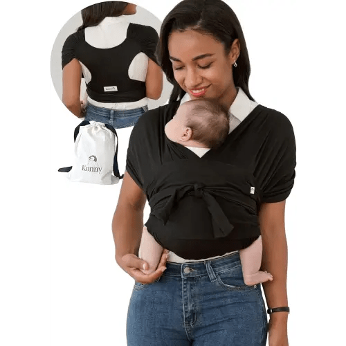 Konny Baby Carrier Flex SoftBreeze with Head Support - Adjustable, Easy to Wear, Hands-Free Breathable Baby Wrap Sling, Perfect for Newborn Babies Essentials up to 44 lbs (M-4XL) - Black