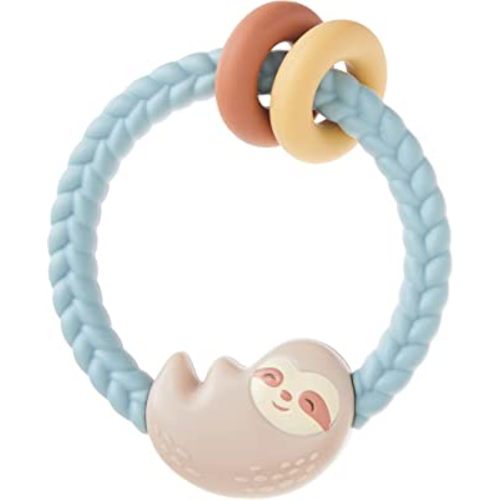 Itzy Ritzy Silicone Teether with Rattle; Features Rattle Sound, Two Silicone Rings and Raised Texture to Soothe Gums; Ages 3 Months and Up; Sloth