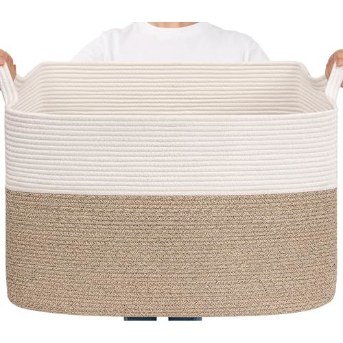 Goodpick 105L Extra Large Woven Rope Blanket Basket, White & Light Brown | 25'' x 16'' x 16'' Storage Basket for Blankets, Toys & Pillows, Living Room & Bedroom Organization, Reinforced Handles