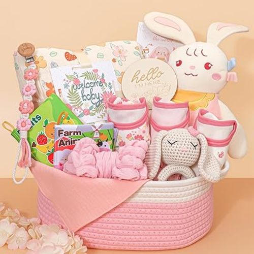 Baby Girl Gifts,Baby Shower Gift Baskets for Girls,Gender Reveal Gifts,Unique Baby Girl Newborn Essentials with Blanket Rattle Toys