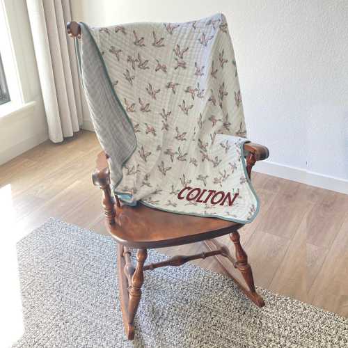 Personalized Muslin Baby Blanket: Mallard Ducks; Soft Cotton Muslin Quilt, Custom Name Gift