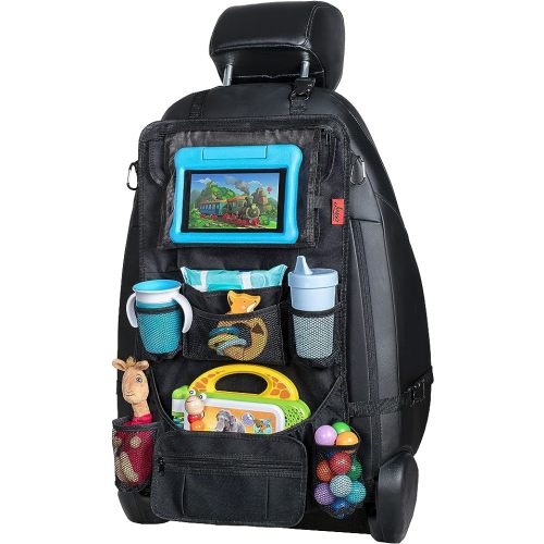 Lusso Gear Backseat Car Organizer- Kick Mat Protects Against Kids Feet - 12 Large Storage Pockets - iPad,Tablet, Water Bottle Holder- Durable, Heavy Duty Road Trip Essential (Black)