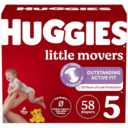 Huggies Size 5 Diapers, Little Movers Baby Diapers, Size 5 (27+ lbs), 58 Count, Packaging May Vary